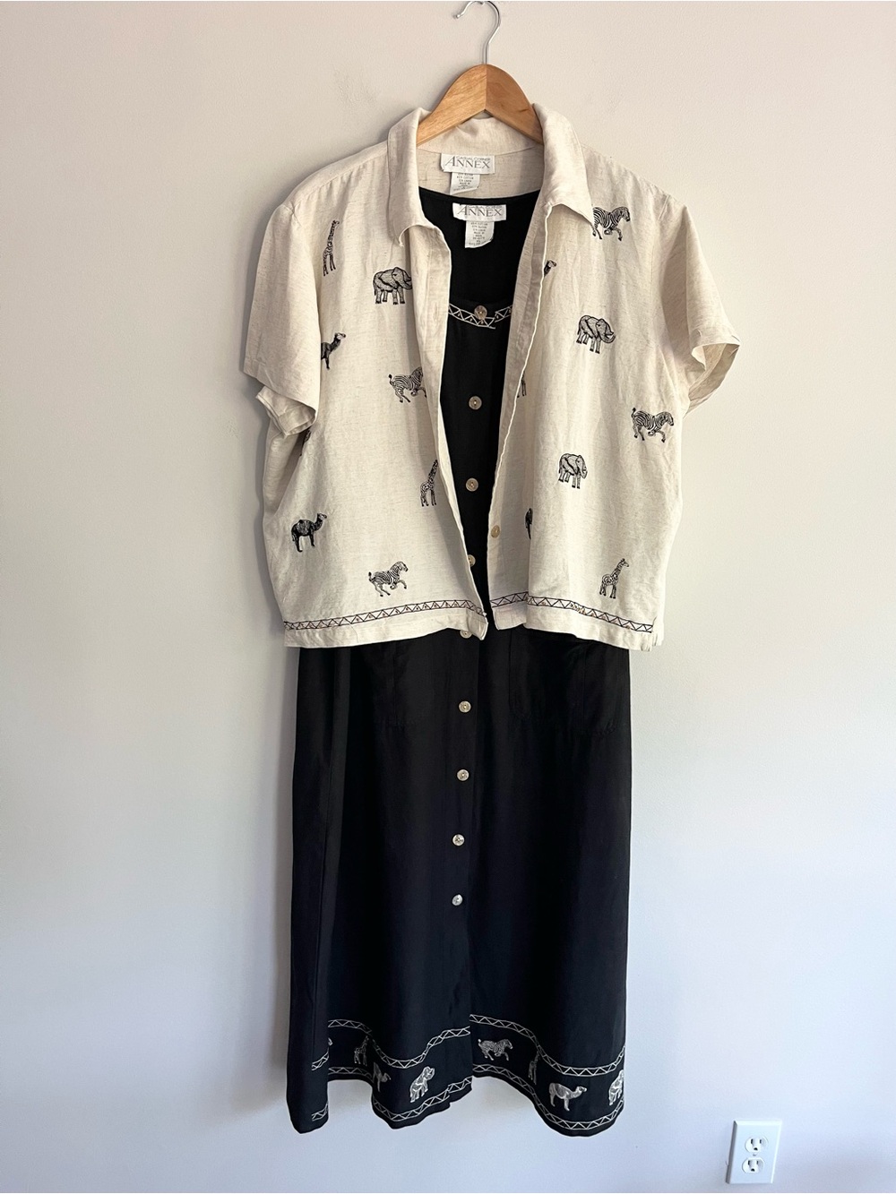 ANNEX Casual Corner Vintage Black Dress Flax Shirt Two Piece Set Large